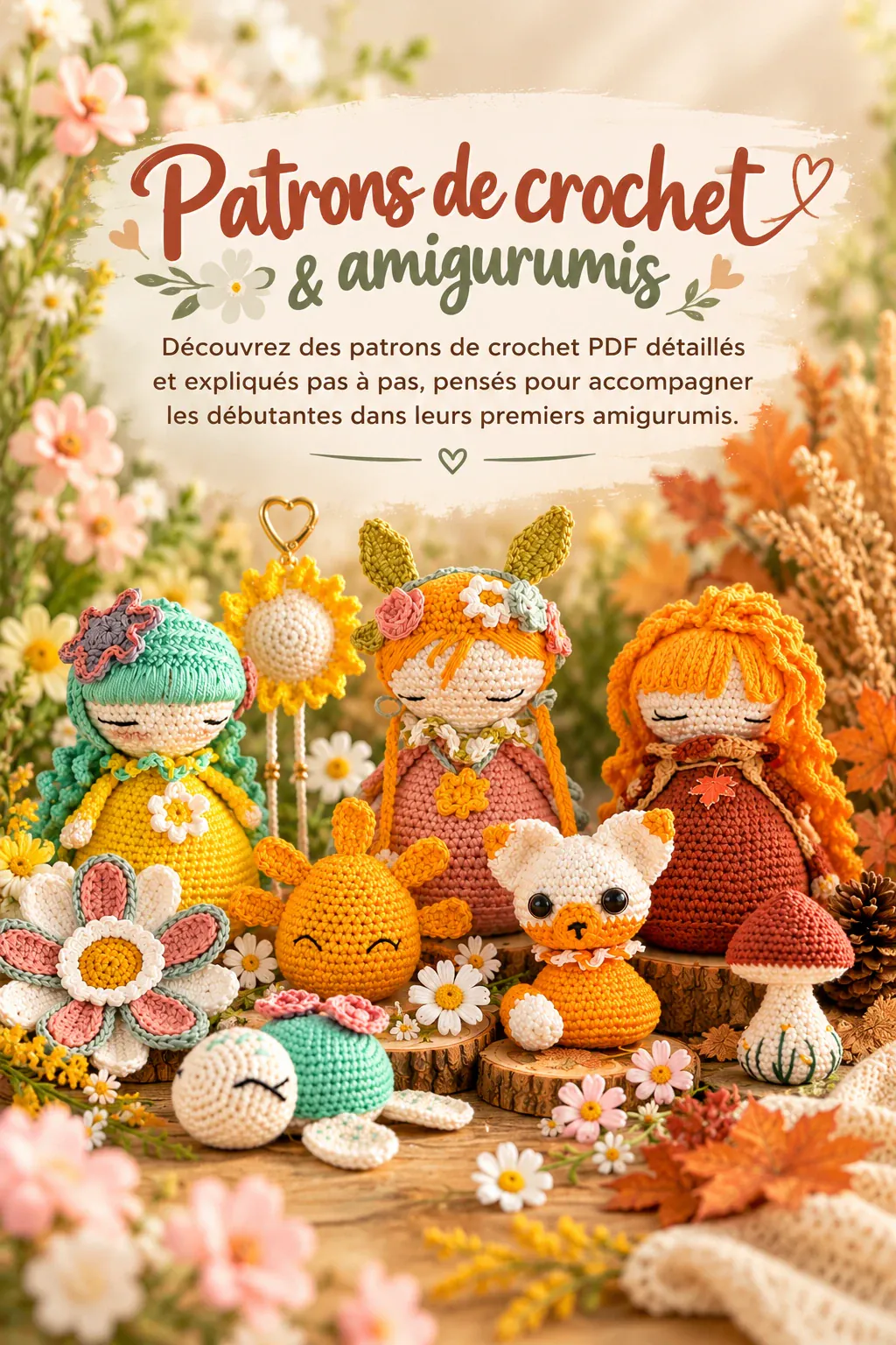 Amigurumis au crochet : poupées, soleil, petit renard, tortue, fleur et champignon, parmi des fleurs et des feuilles d'automne